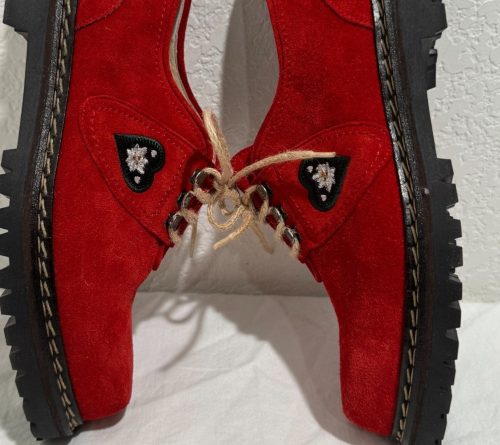 Bavarian Hans Behr Red Suede Oxford Tie Shoes NIB Sz 40 US 9 Embroidered Womens